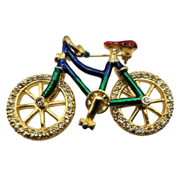 Vintage Enamel Rhinestone Bicycle Brooch Pin, Colorful Articulated Wheels - Picture 4 of 7